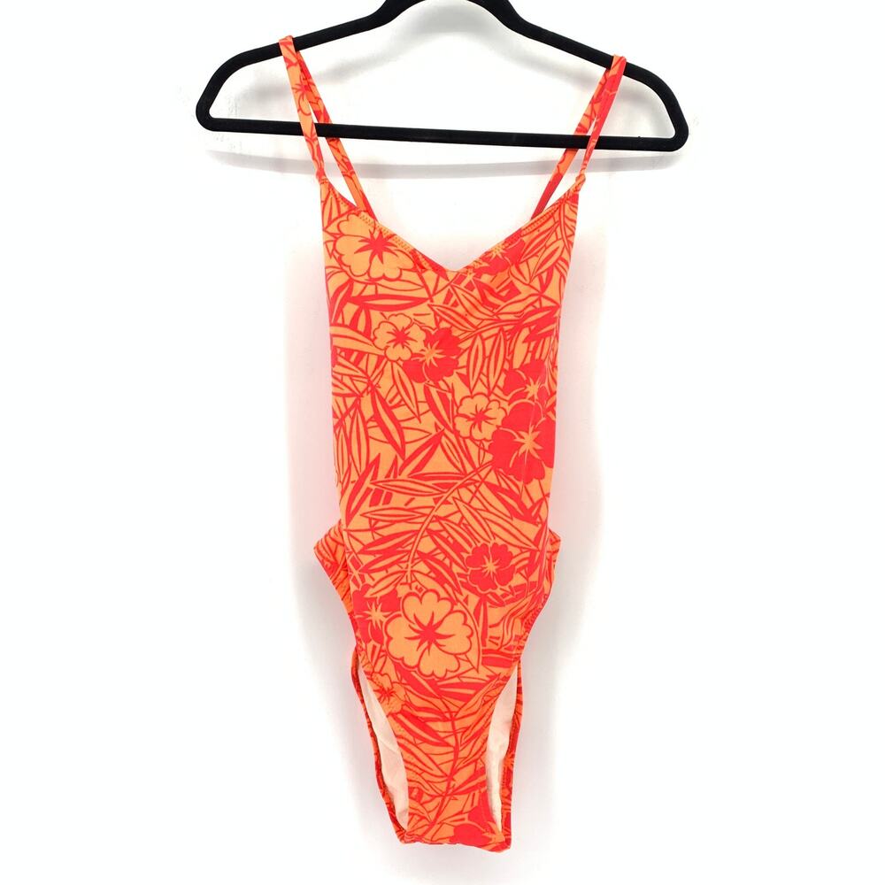 VM Sport Swimsuit Womens 8 Orange Floral Leaf Print V Neck High Cut Deep V Back